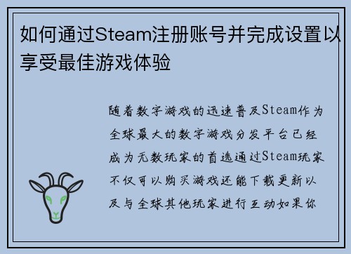 如何通过Steam注册账号并完成设置以享受最佳游戏体验