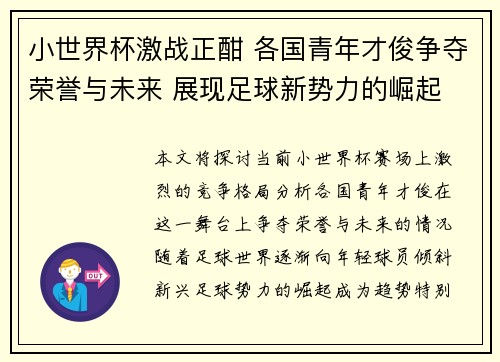 小世界杯激战正酣 各国青年才俊争夺荣誉与未来 展现足球新势力的崛起